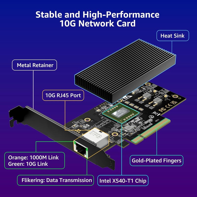 Vmin 10G PCI-E Network Card Single RJ45 Port, 10G NIC with Intel X540-T1 Conrtoller, 10Gb Base-T Ethernet Network Card Compatible with PCI Express X8, X16, Support Windows/Windows Server/Linux/VMware - Image 4